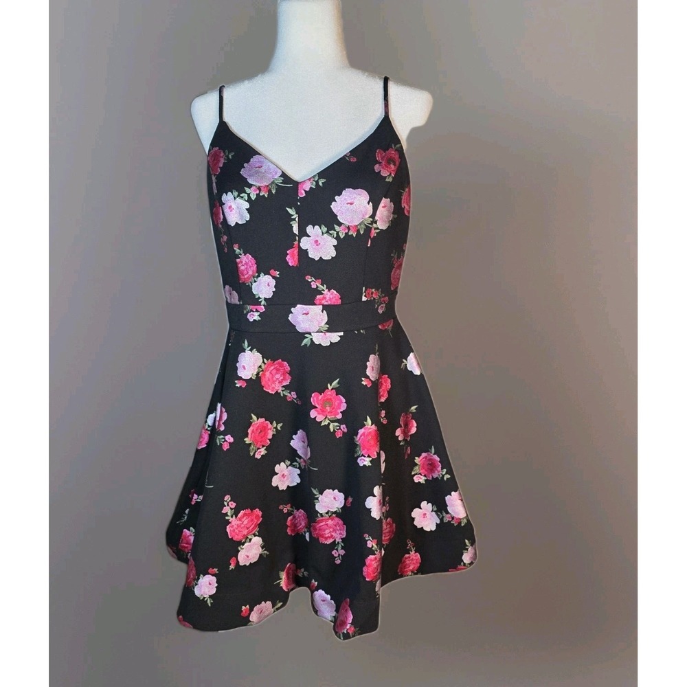 B Smart Dress Juniors 15 Black Fit Flare Ruffle Floral‎ Y2K Style